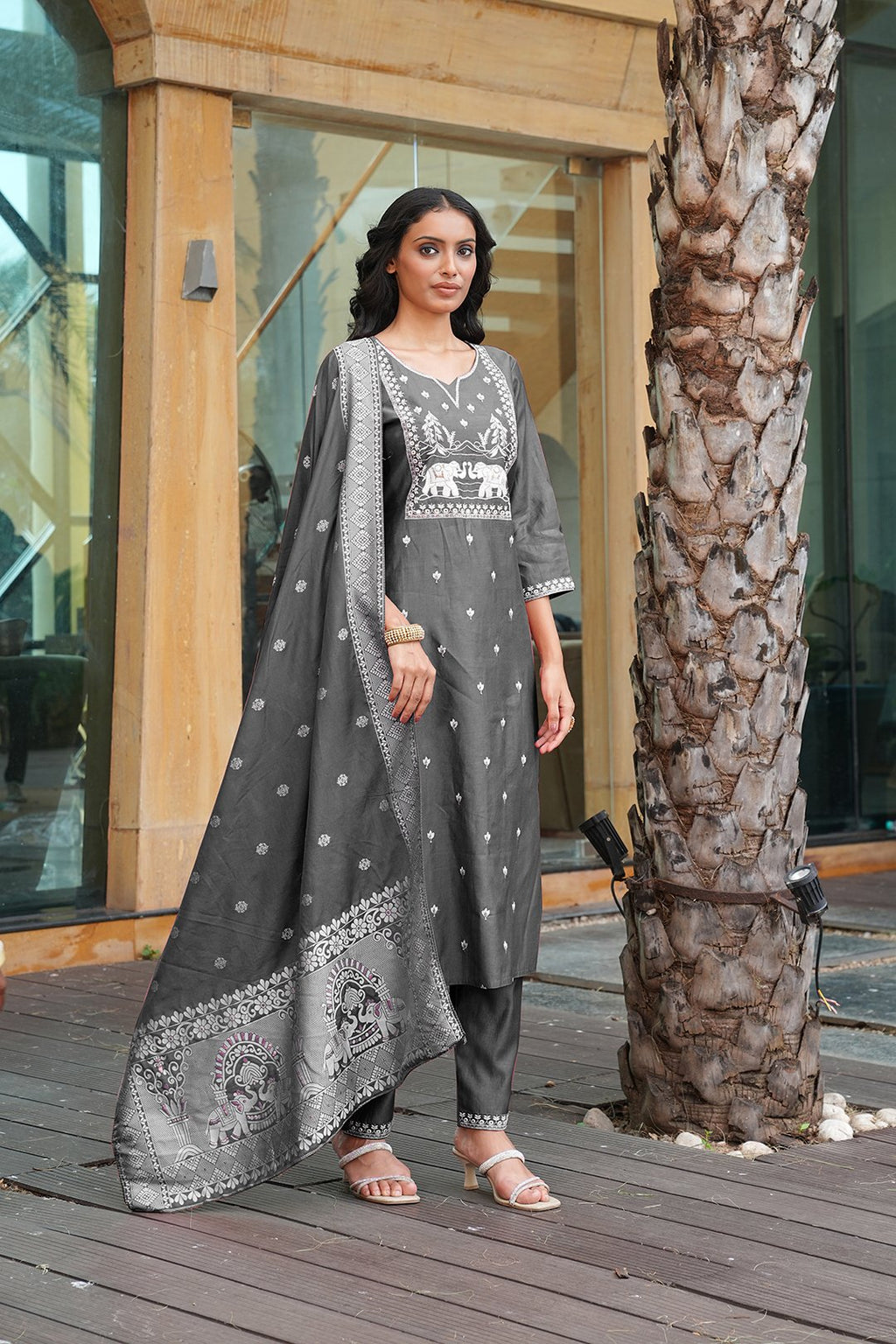 Grey Embroidery With Multi Thread Work Kurti