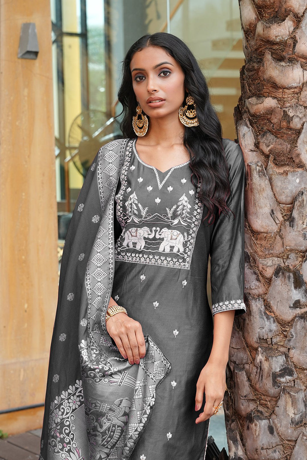 Grey Embroidery With Multi Thread Work Kurti