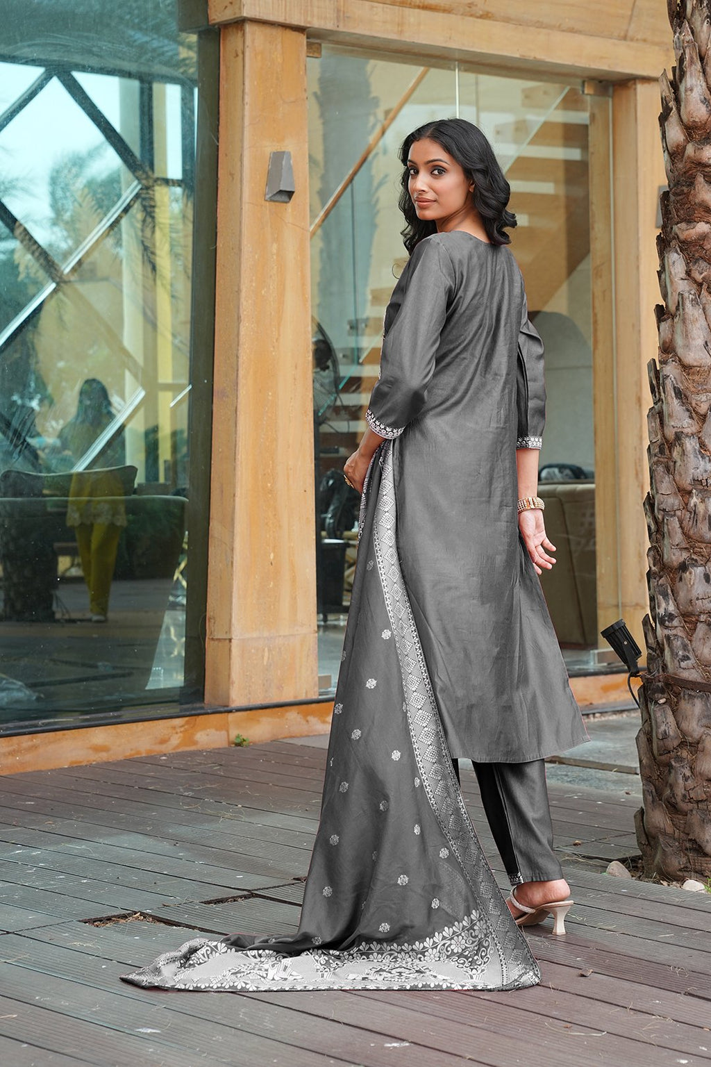 Grey Embroidery With Multi Thread Work Kurti