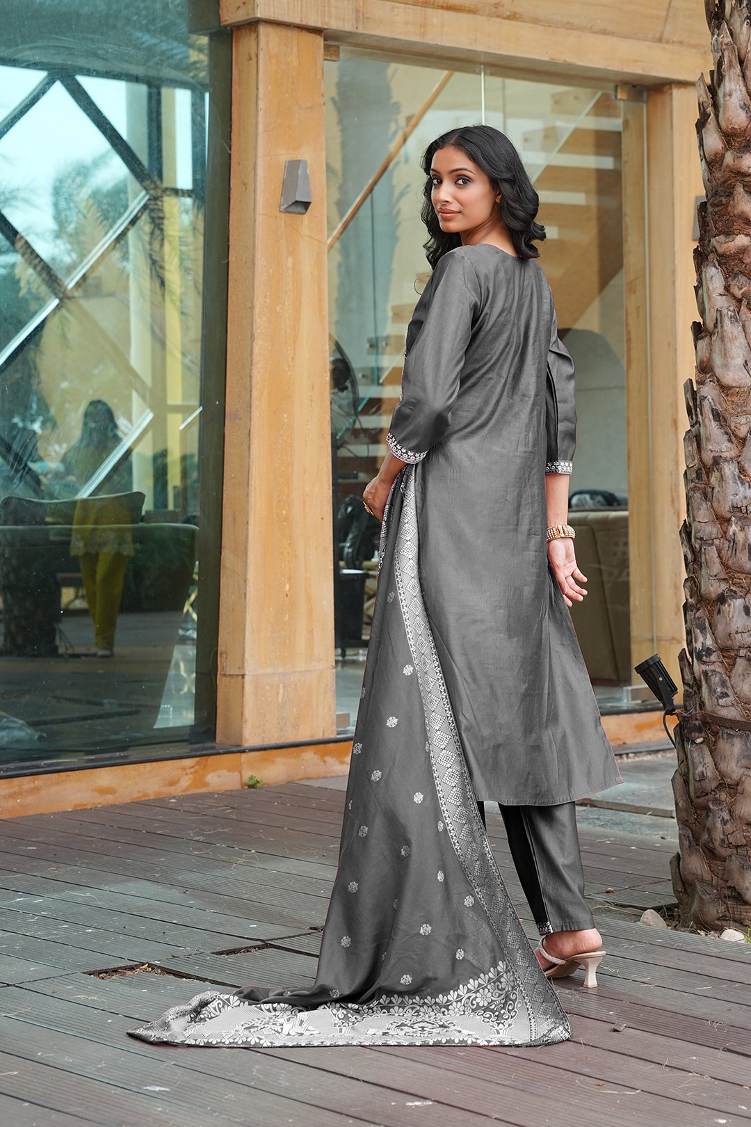 Grey Embroidery With Multi Thread Work Kurti