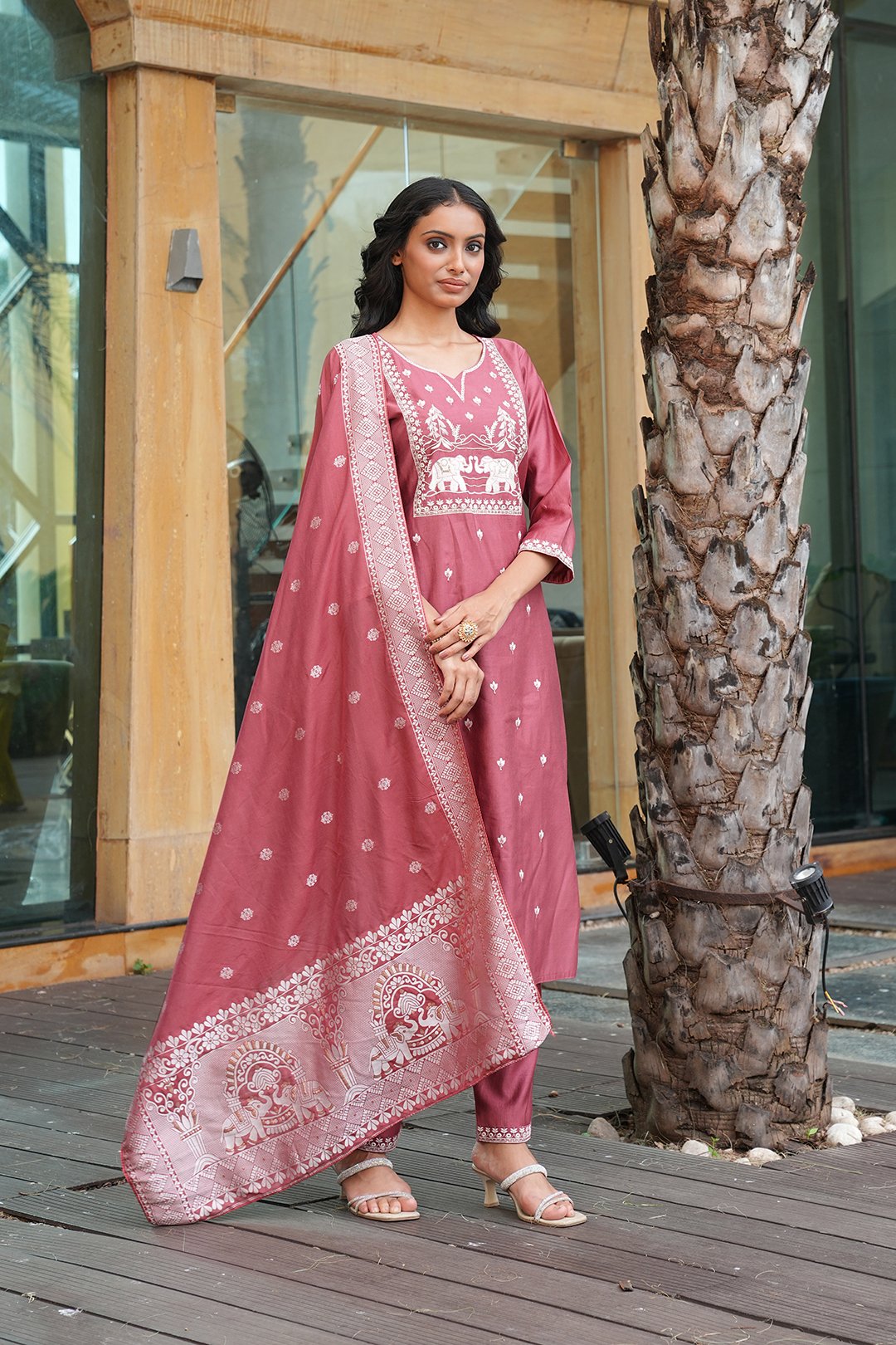 Peach Embroidery With Multi Thread Work Kurti