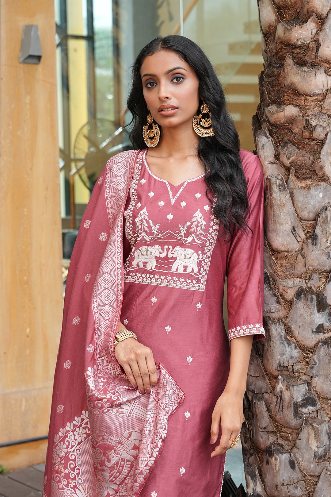 Peach Embroidery With Multi Thread Work Kurti