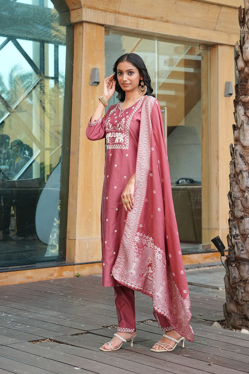Peach Embroidery With Multi Thread Work Kurti