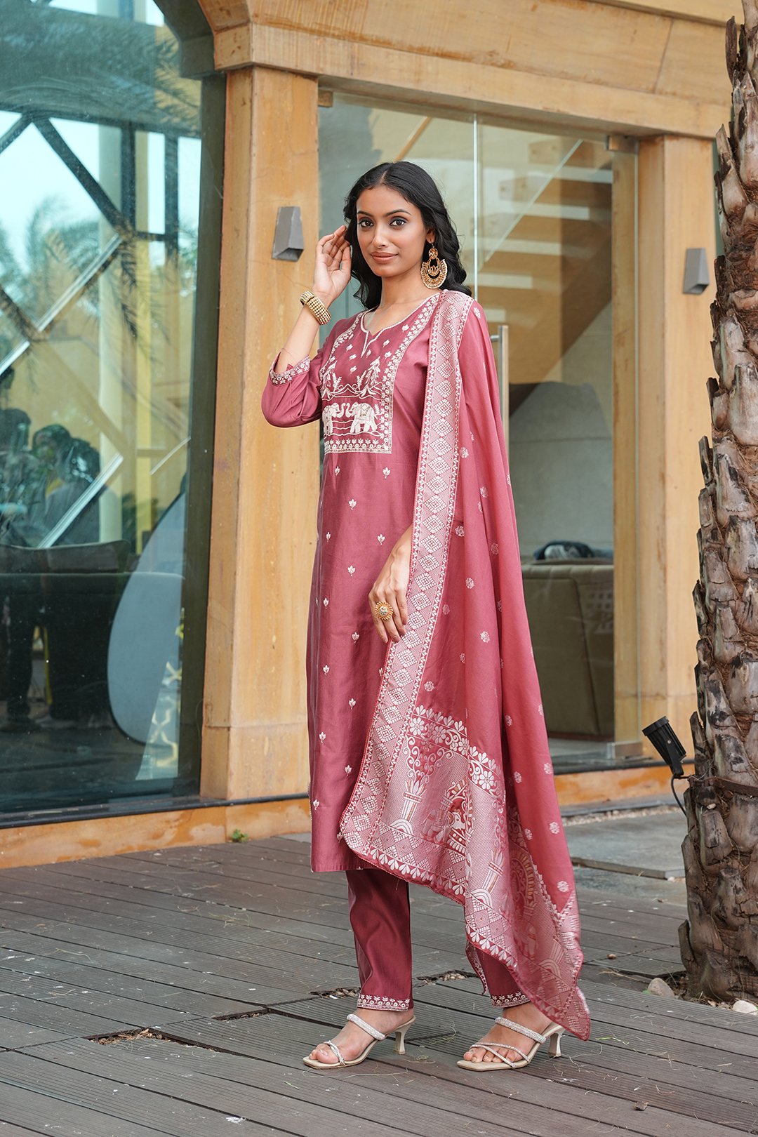 Peach Embroidery With Multi Thread Work Kurti