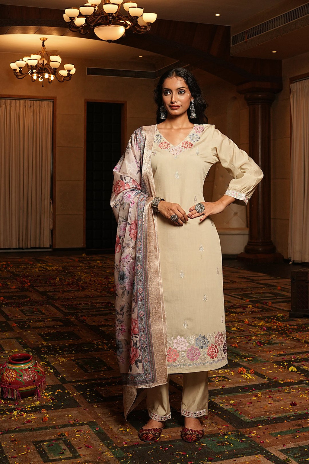 Cream Embroidery Work Hand Work Kurti