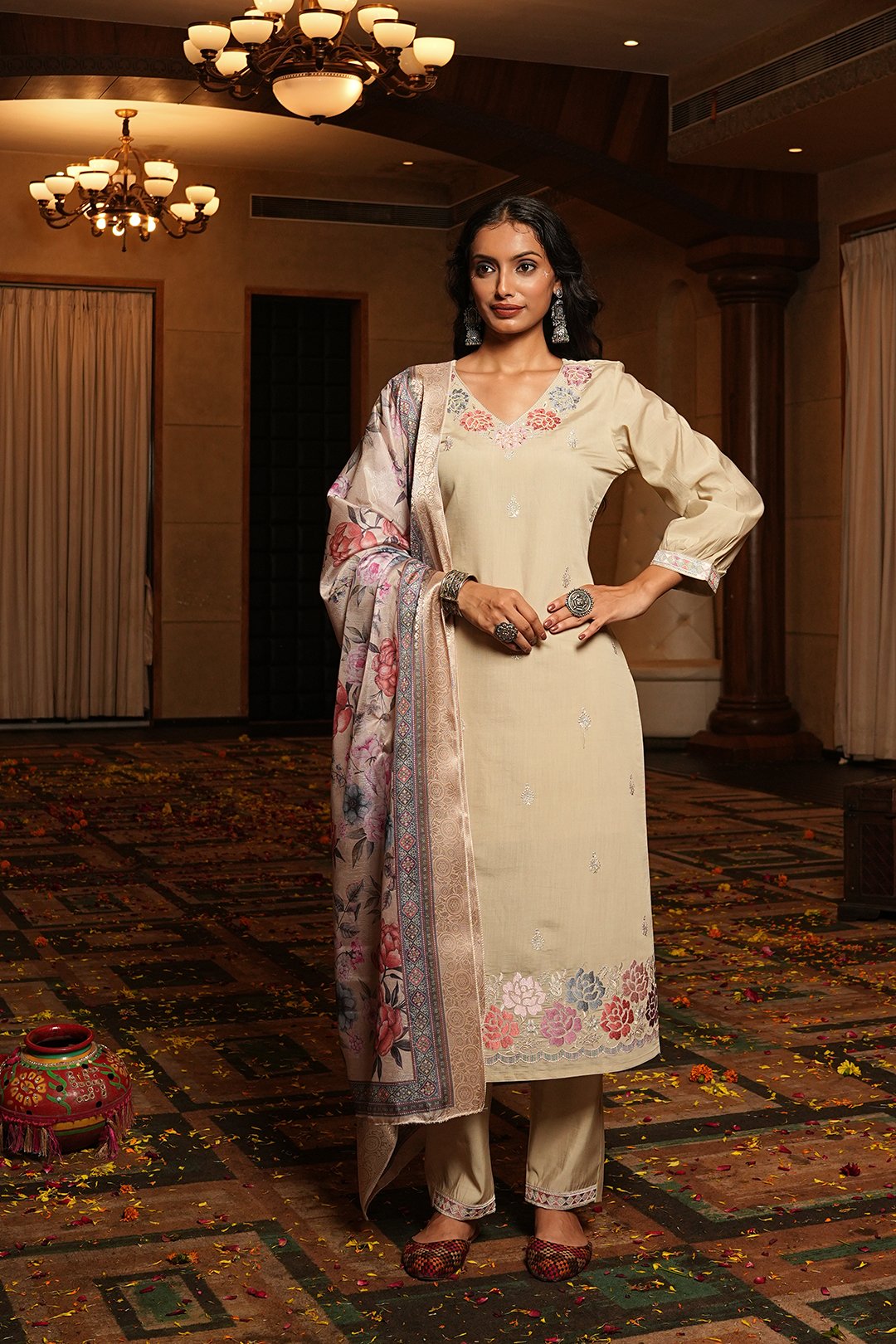 Cream Embroidery Work Hand Work Kurti