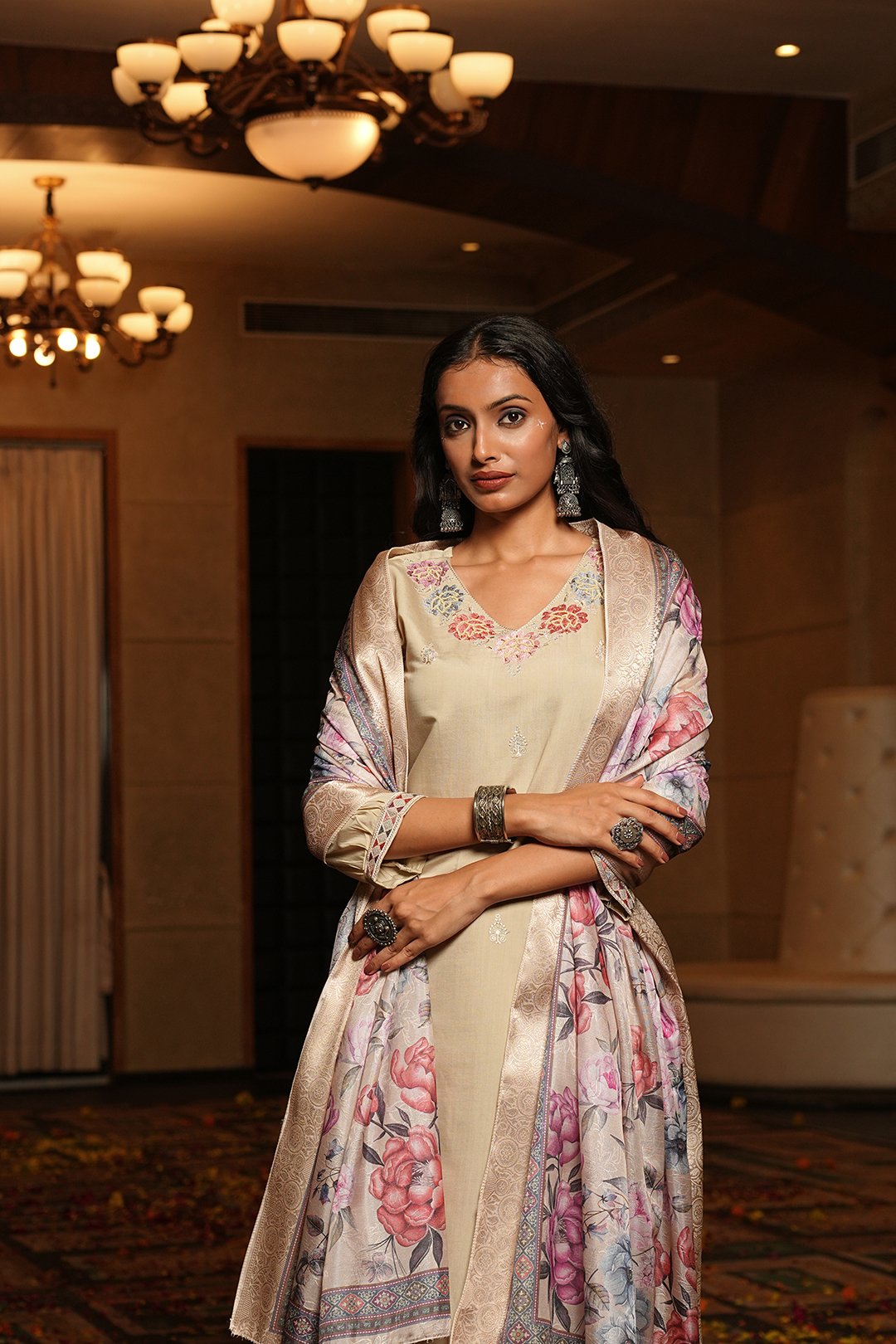 Cream Embroidery Work Hand Work Kurti