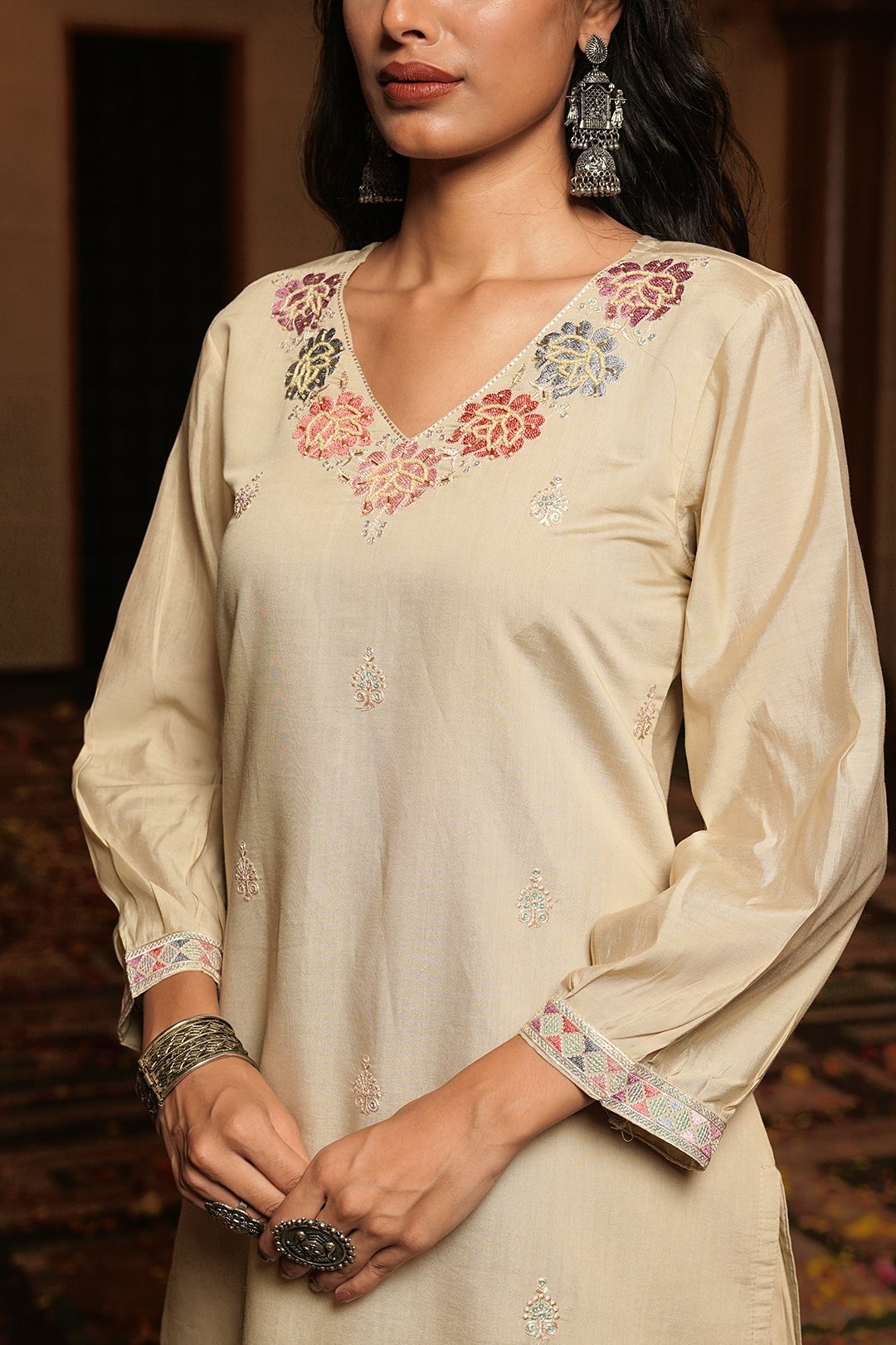 Cream Embroidery Work Hand Work Kurti