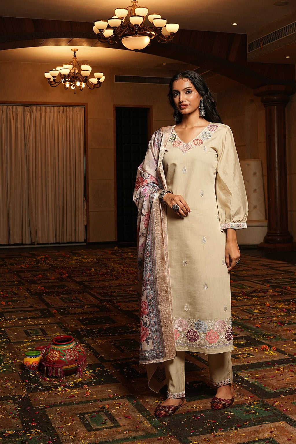 Cream Embroidery Work Hand Work Kurti