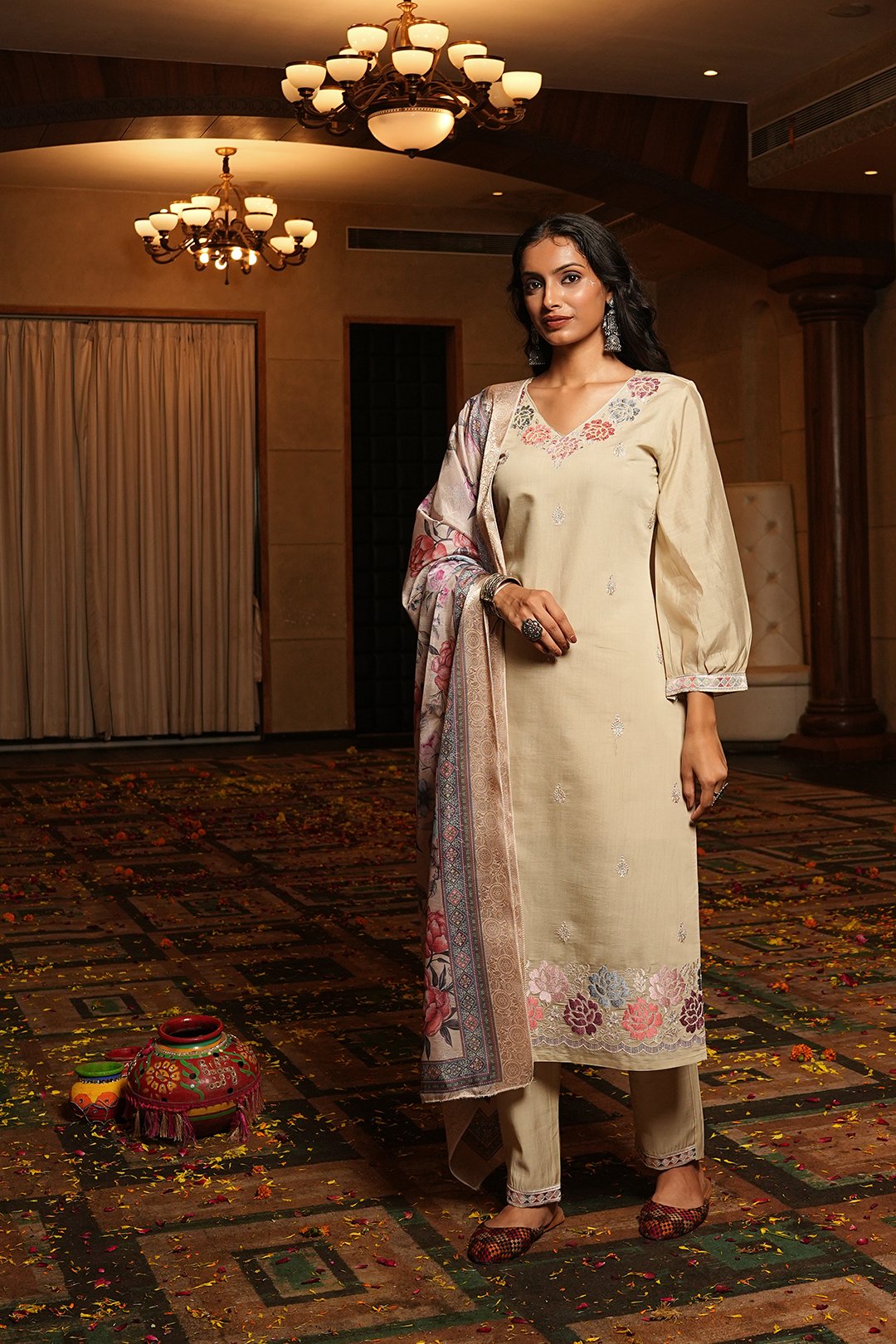 Cream Embroidery Work Hand Work Kurti