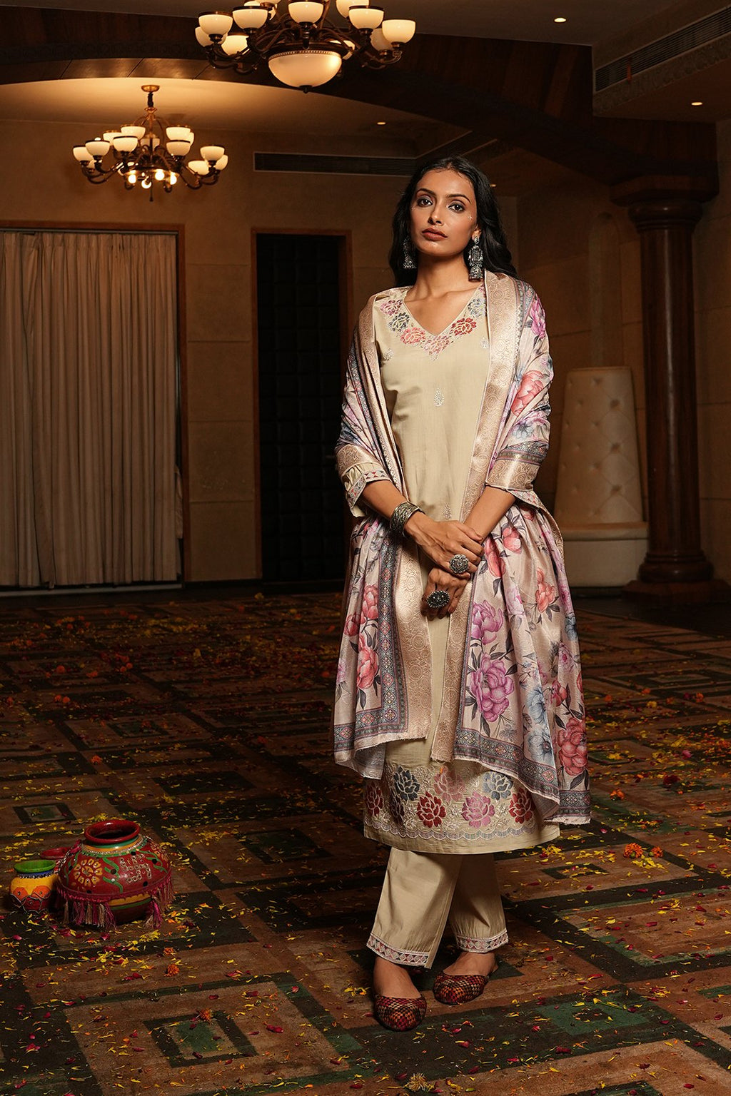 Cream Embroidery Work Hand Work Kurti