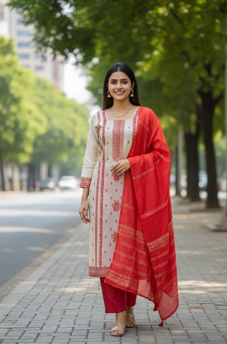 Red Woven/printed Pattern Kurti