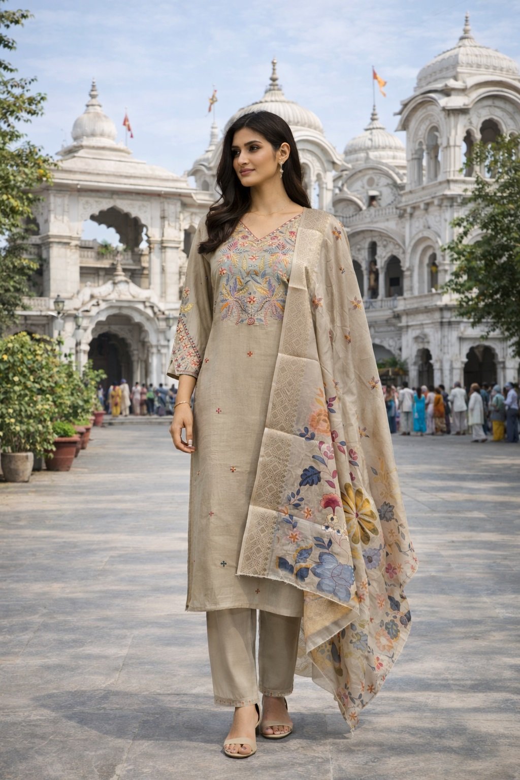 Beige Embroidery Sequance Work Kurti