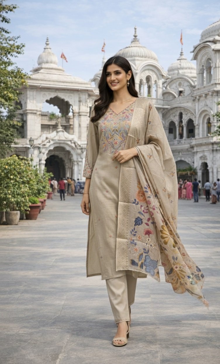 Beige Embroidery Sequance Work Kurti