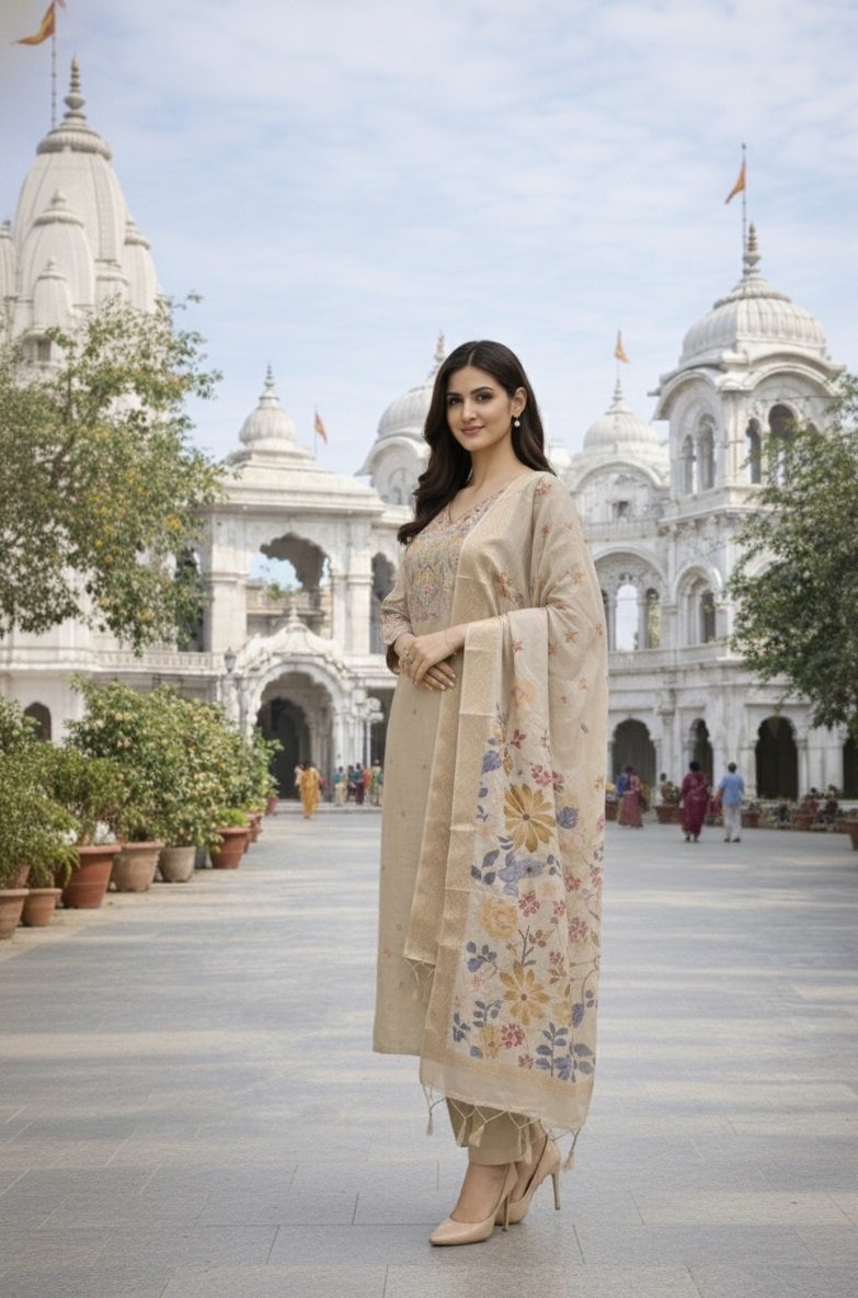 Beige Embroidery Sequance Work Kurti