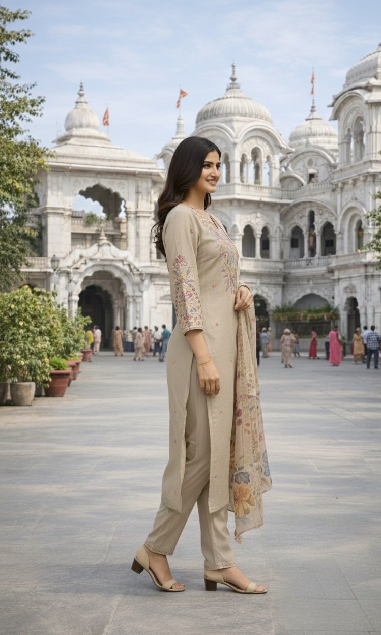 Beige Embroidery Sequance Work Kurti