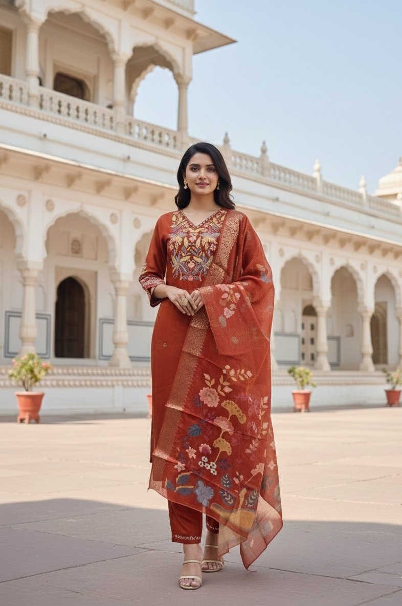 Orange Embroidery Sequance Work Kurti