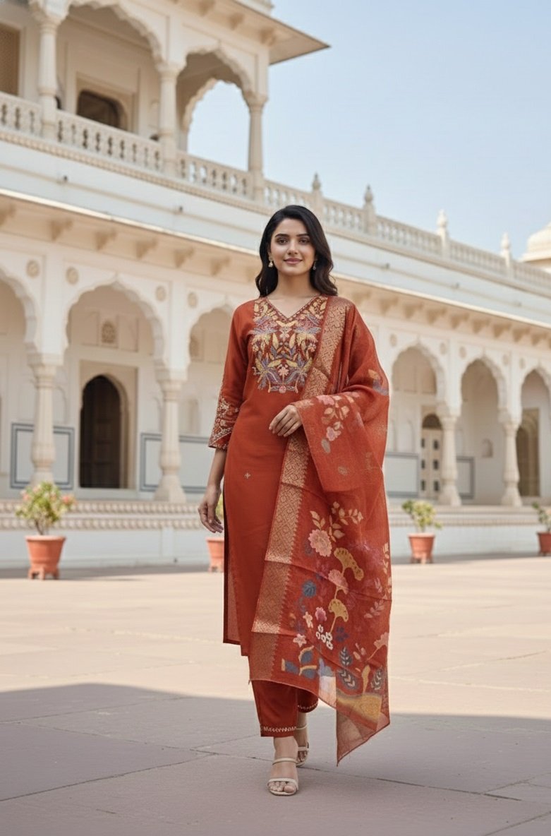 Orange Embroidery Sequance Work Kurti