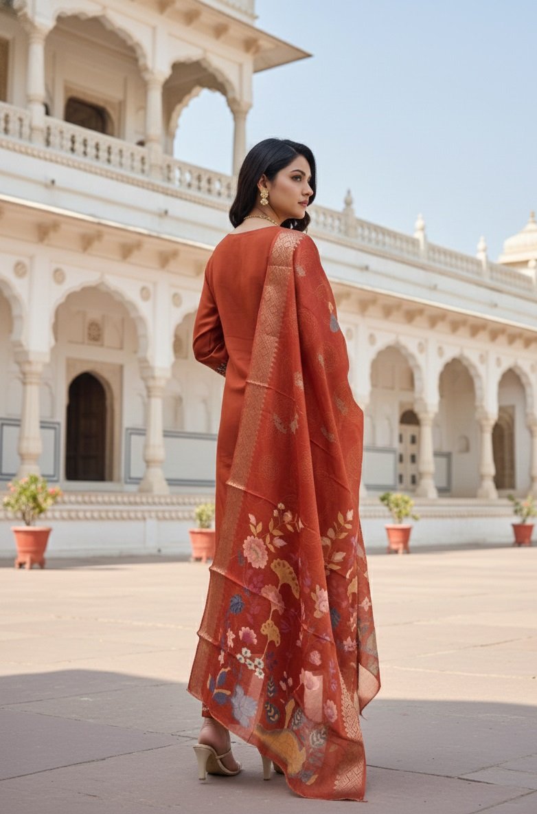 Orange Embroidery Sequance Work Kurti