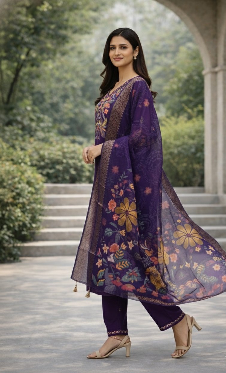 Purple Embroidery Sequance Work Kurti