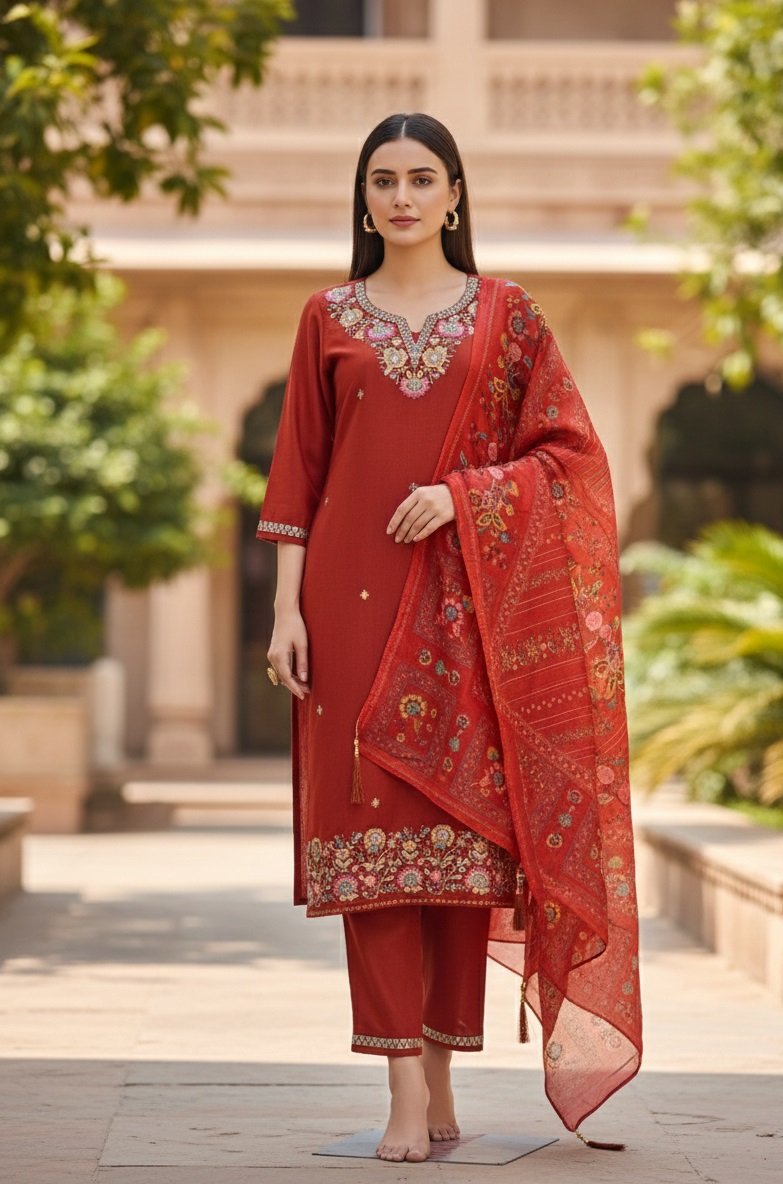 Orange Embroidery Sequance Work Kurti