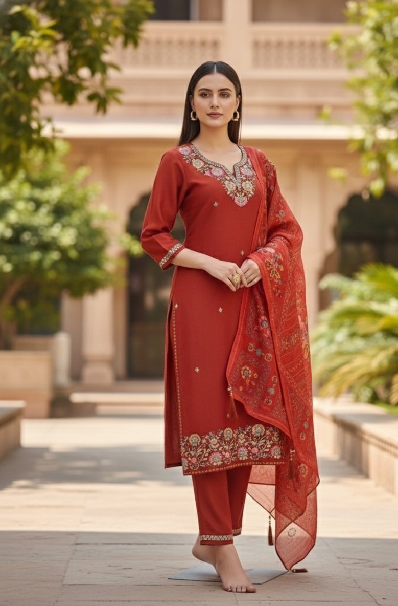 Orange Embroidery Sequance Work Kurti