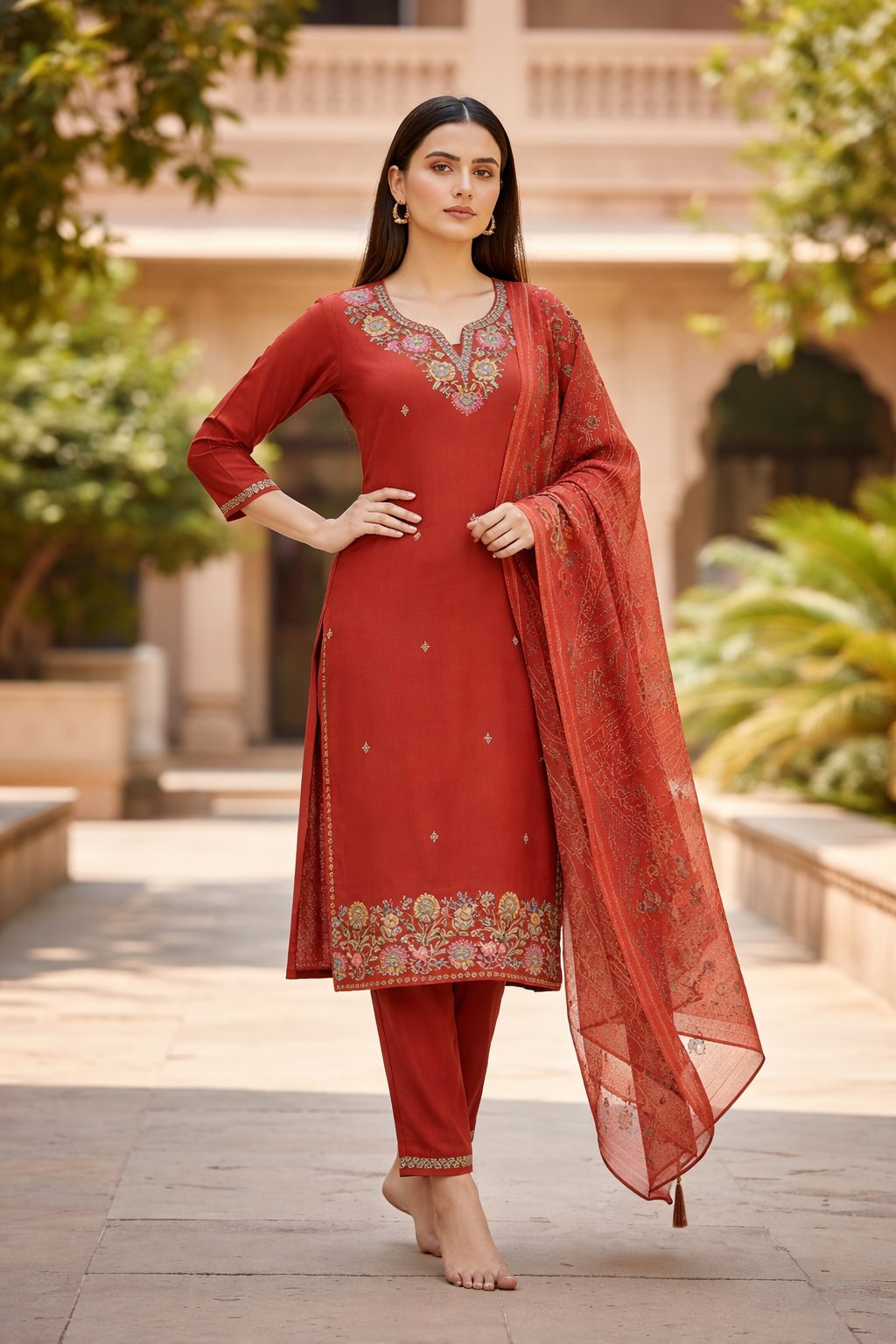 Orange Embroidery Sequance Work Kurti