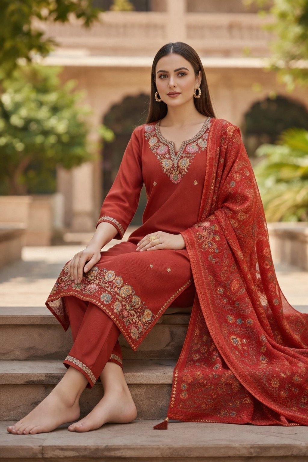 Orange Embroidery Sequance Work Kurti