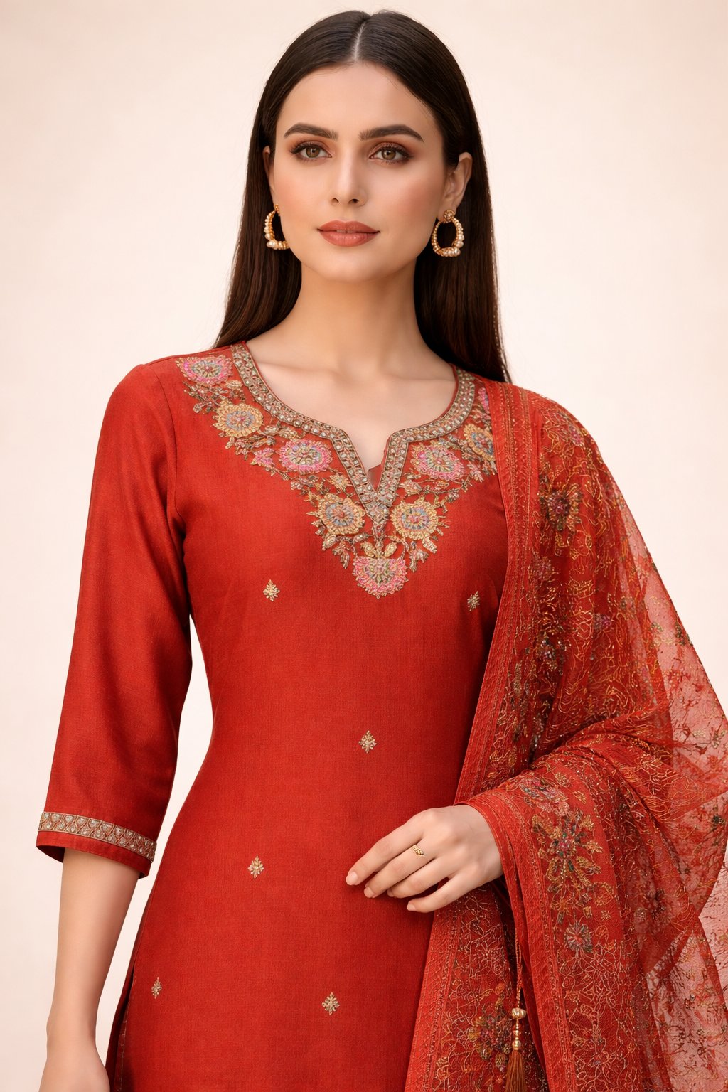 Orange Embroidery Sequance Work Kurti