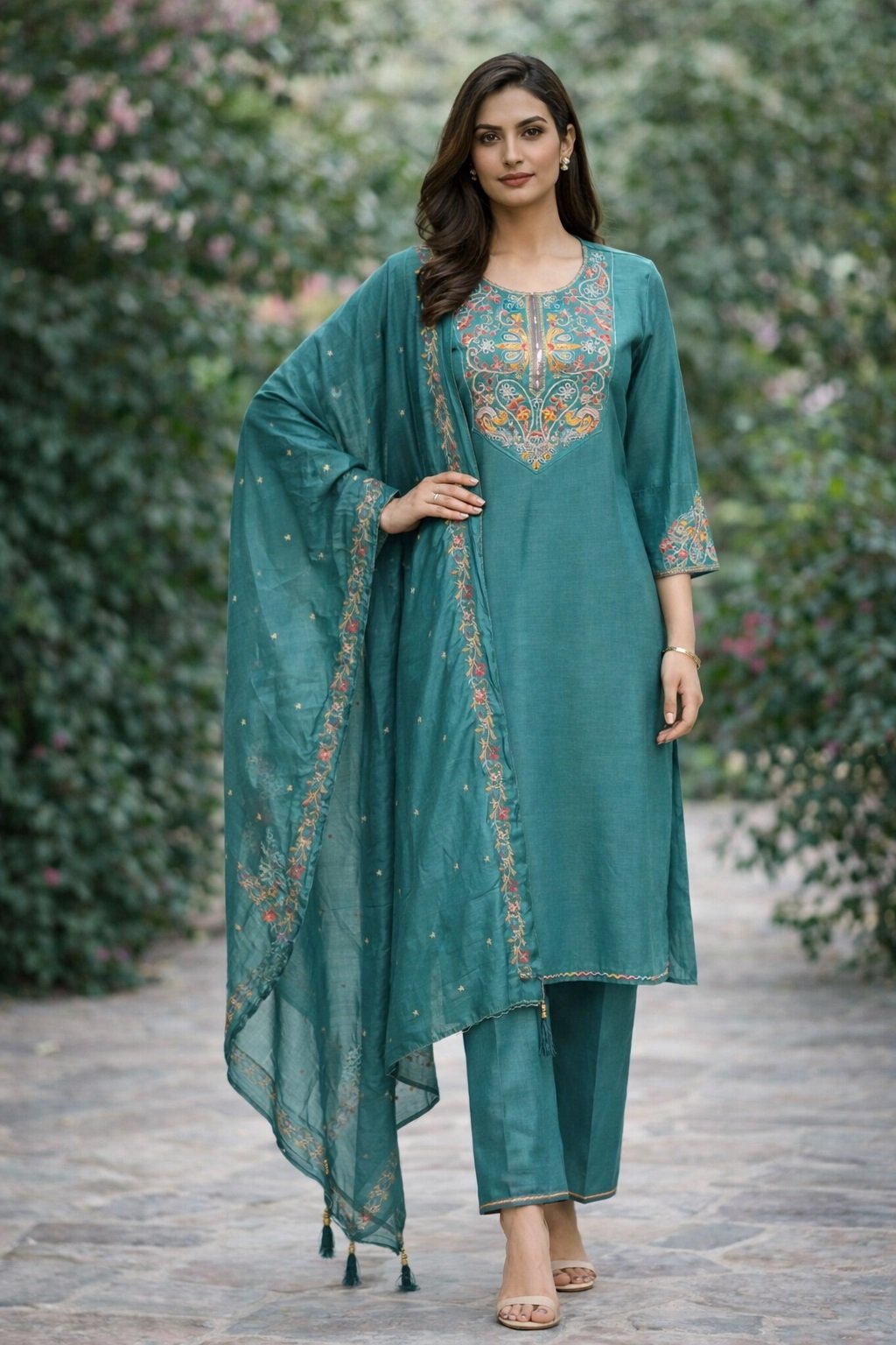Teal Green Embroidery Work Hand Work Kurti