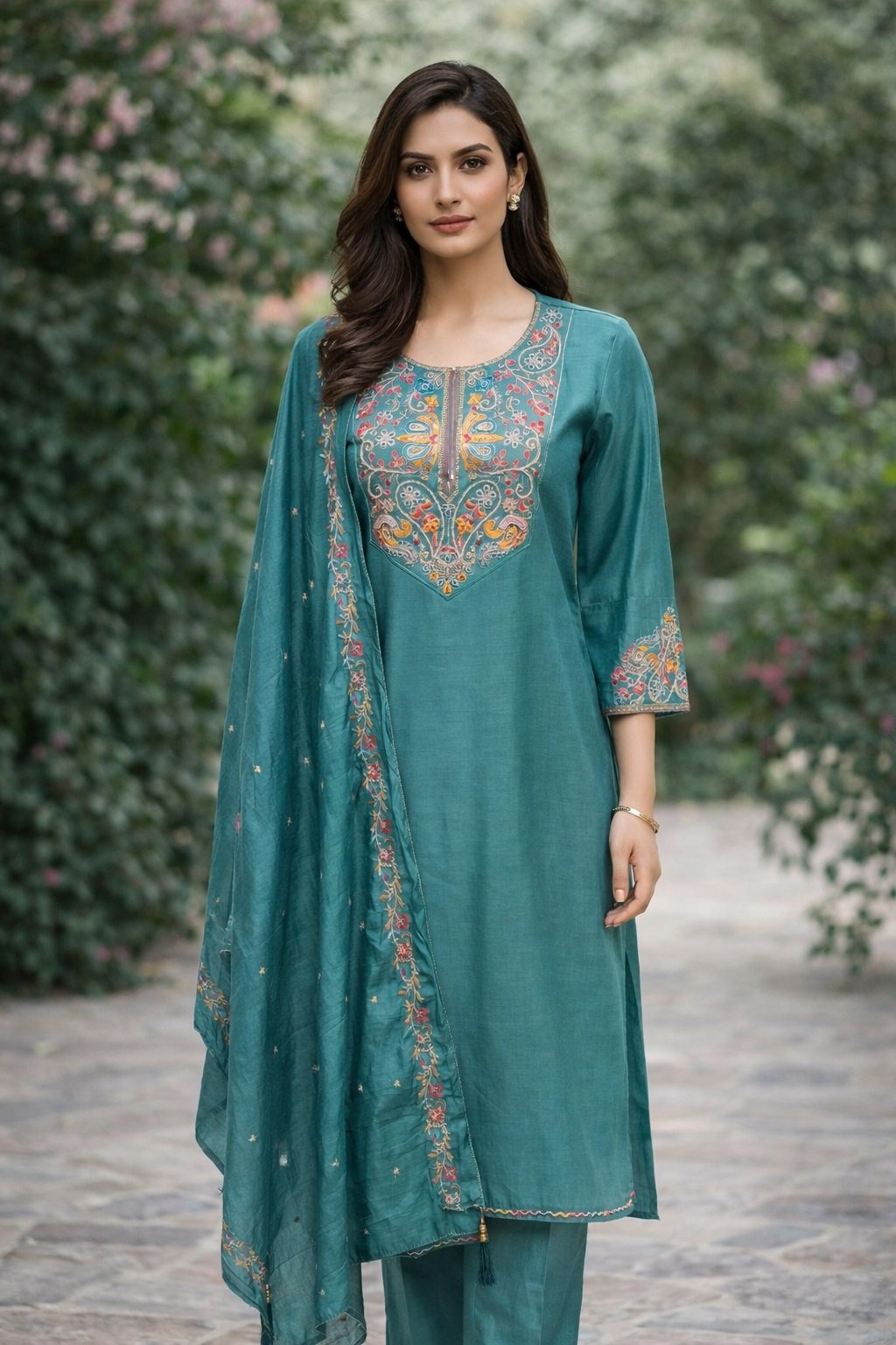 Teal Green Embroidery Work Hand Work Kurti