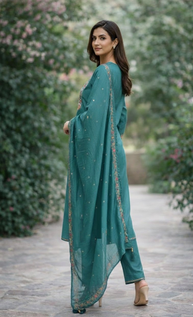 Teal Green Embroidery Work Hand Work Kurti