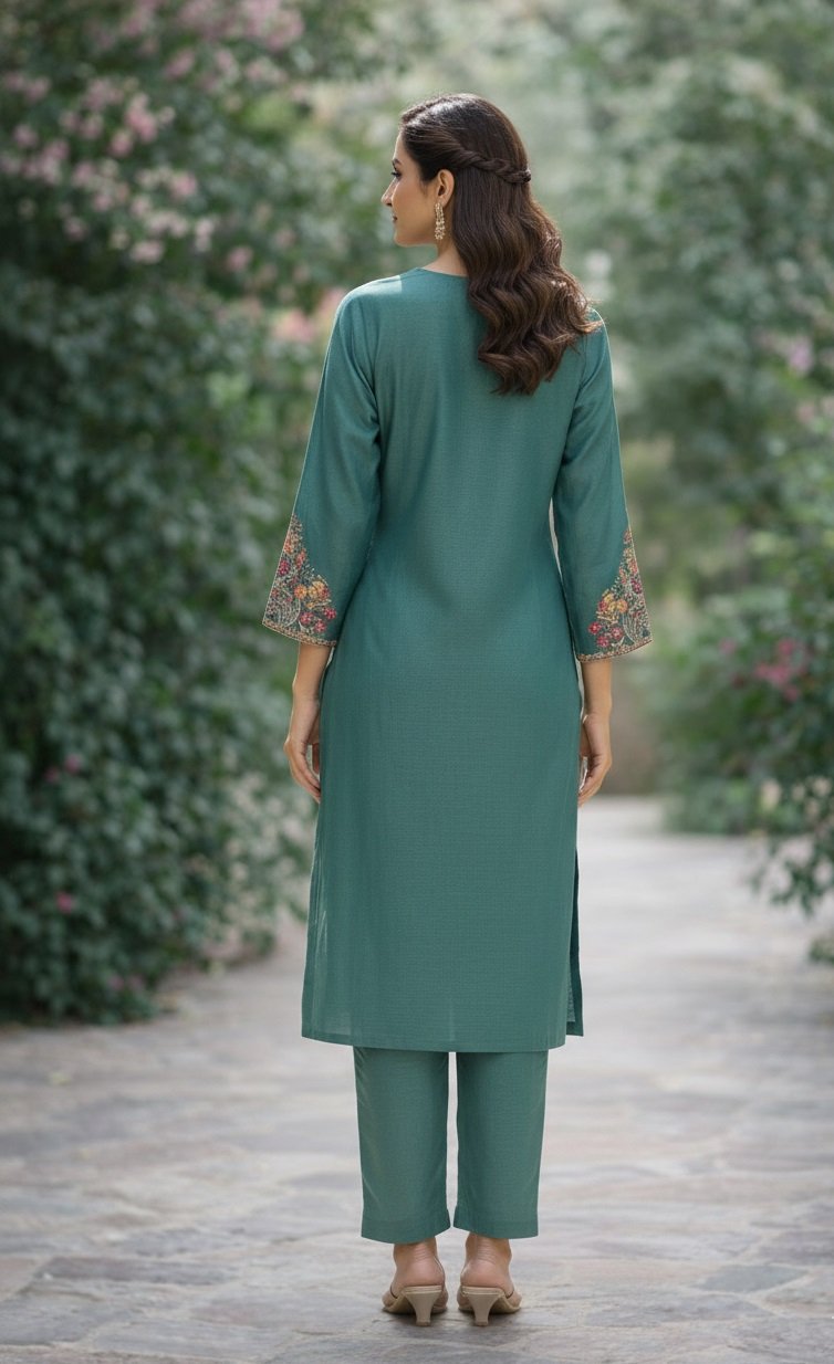 Teal Green Embroidery Work Hand Work Kurti