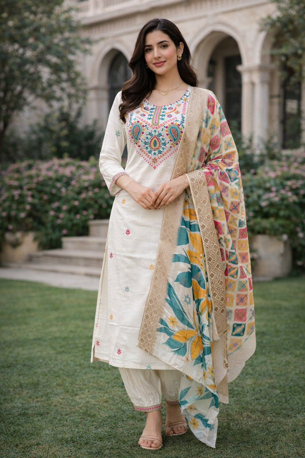 White Embroidery Multi Sequance Work Kurti