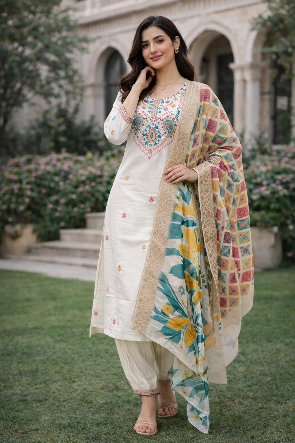 White Embroidery Multi Sequance Work Kurti