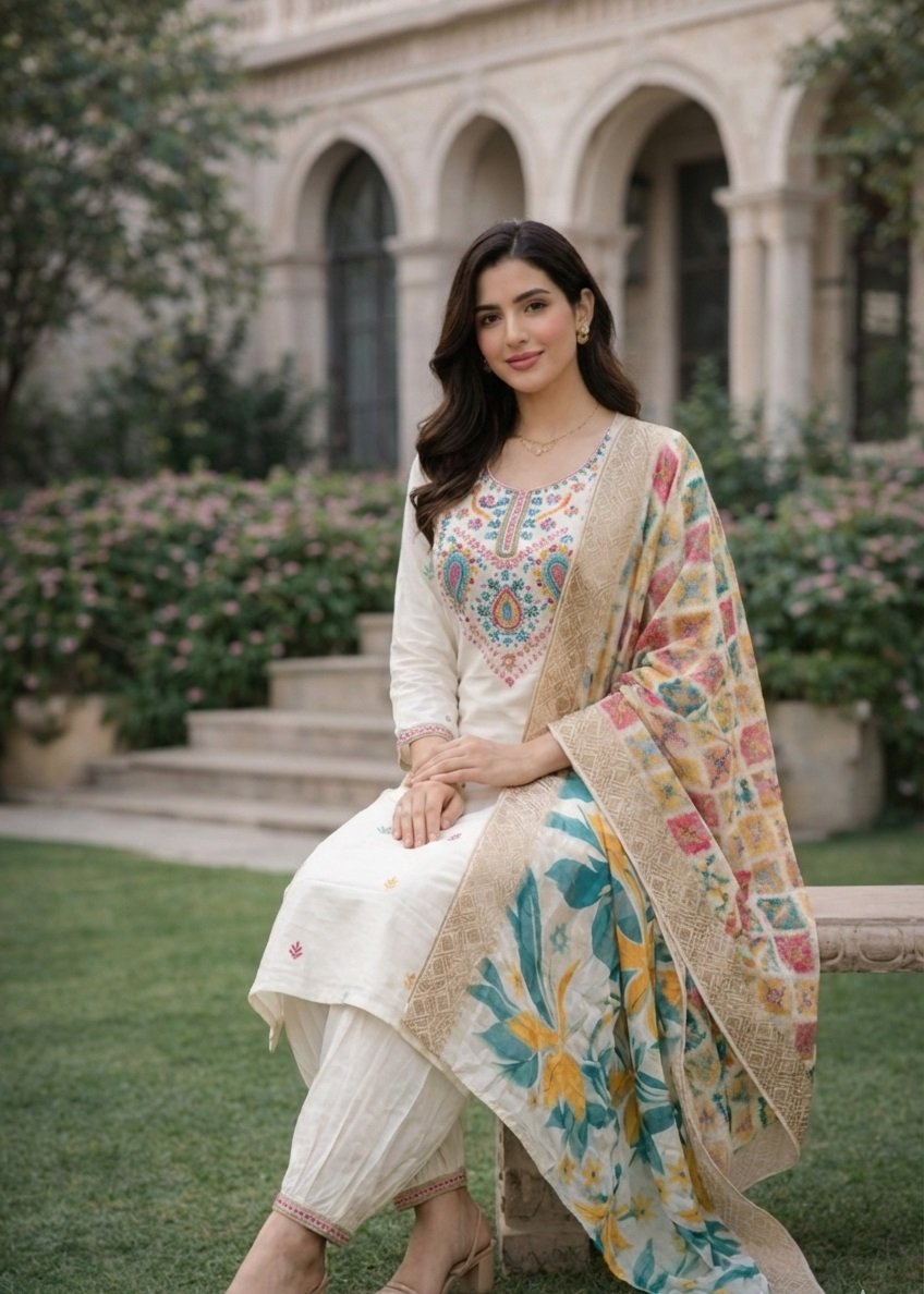 White Embroidery Multi Sequance Work Kurti