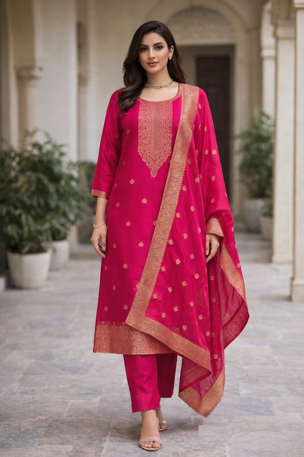 Pink Embroidery Woven Zari Work Kurti