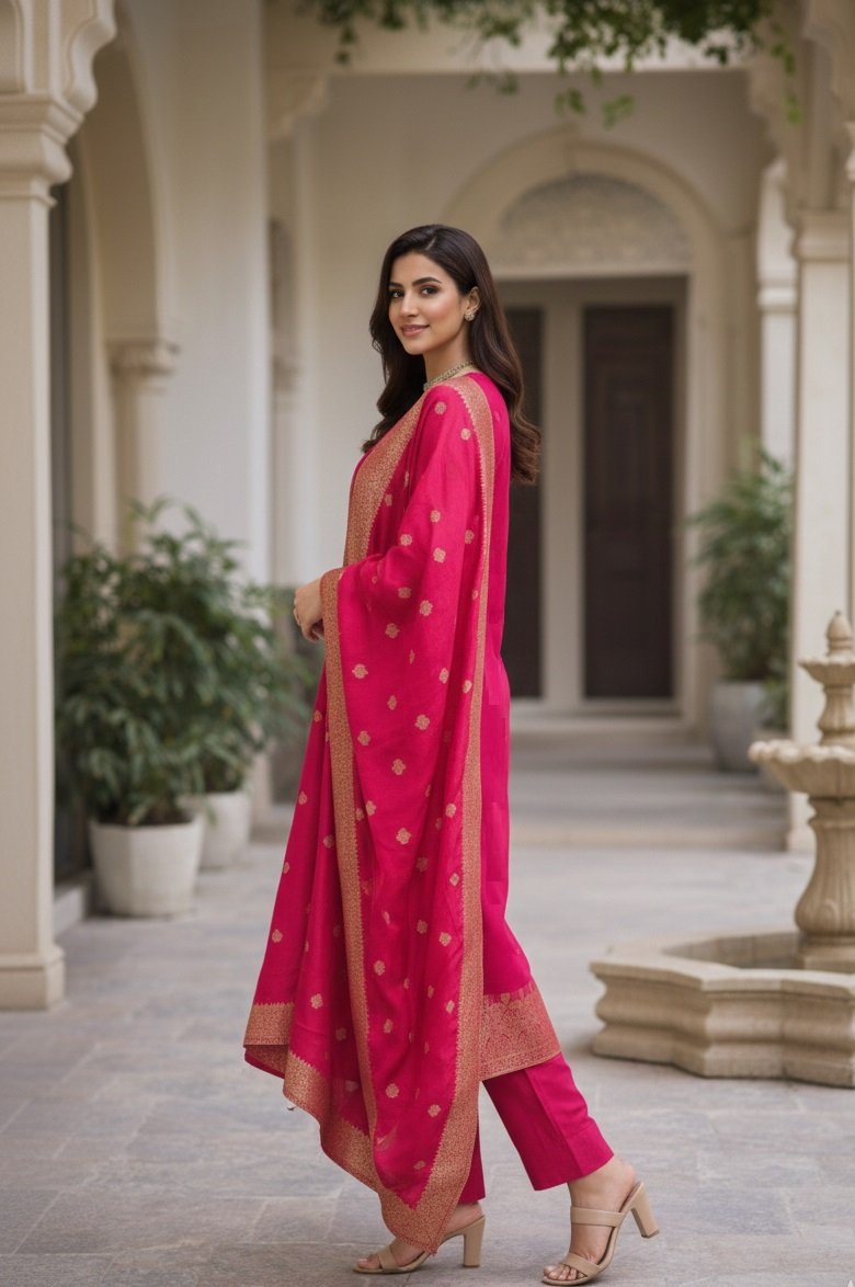 Pink Embroidery Woven Zari Work Kurti