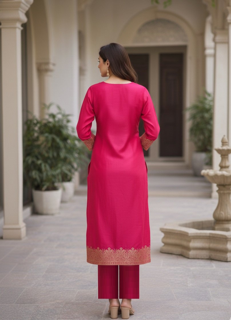 Pink Embroidery Woven Zari Work Kurti