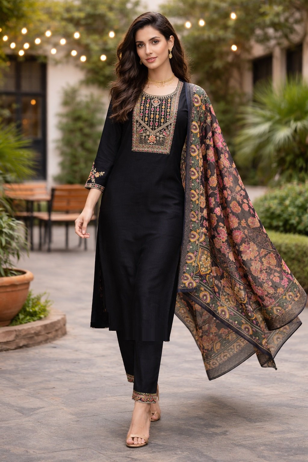 Black Embroidery Multi Sequance Work Kurti