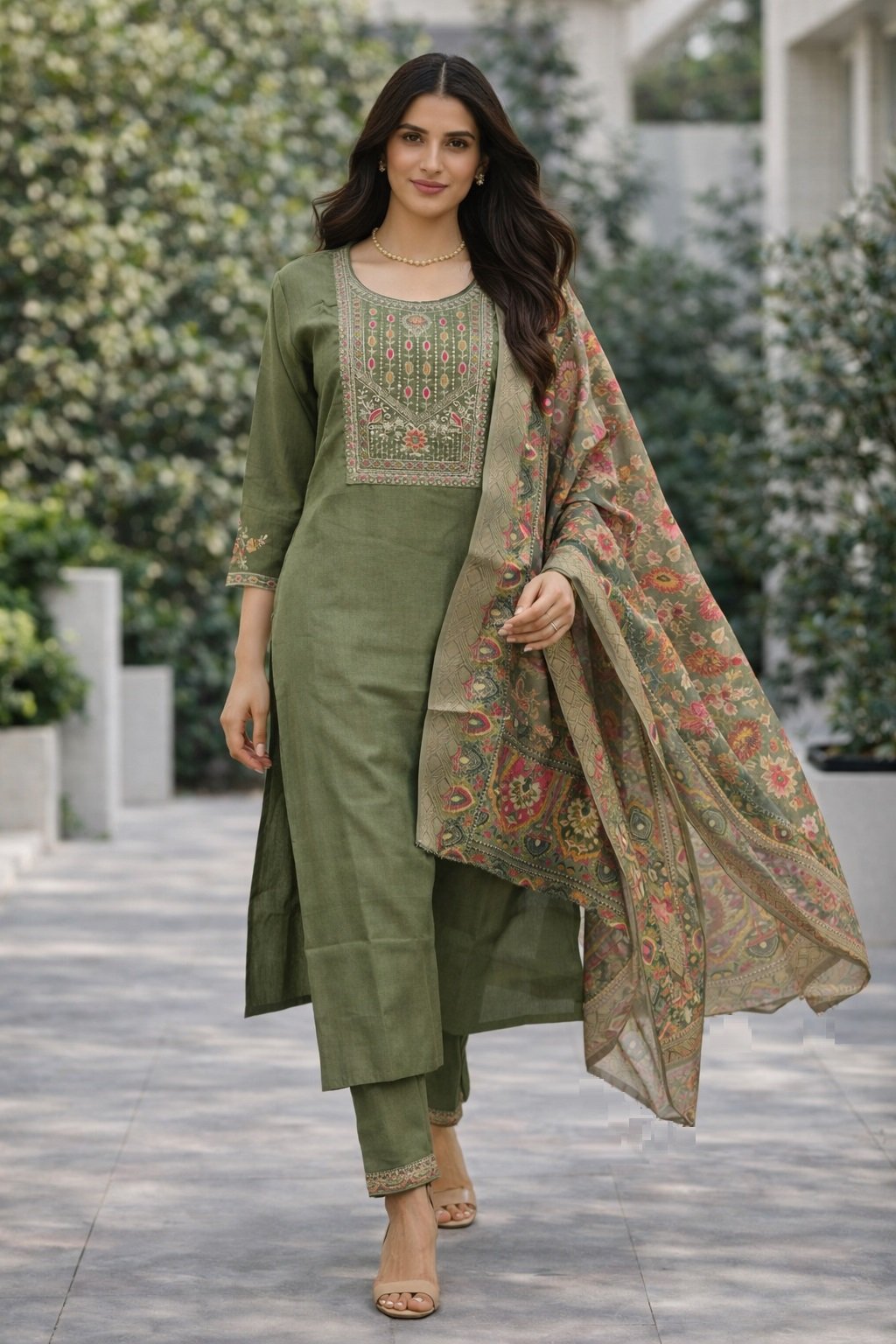 Olive Embroidery Multi Sequance Work Kurti