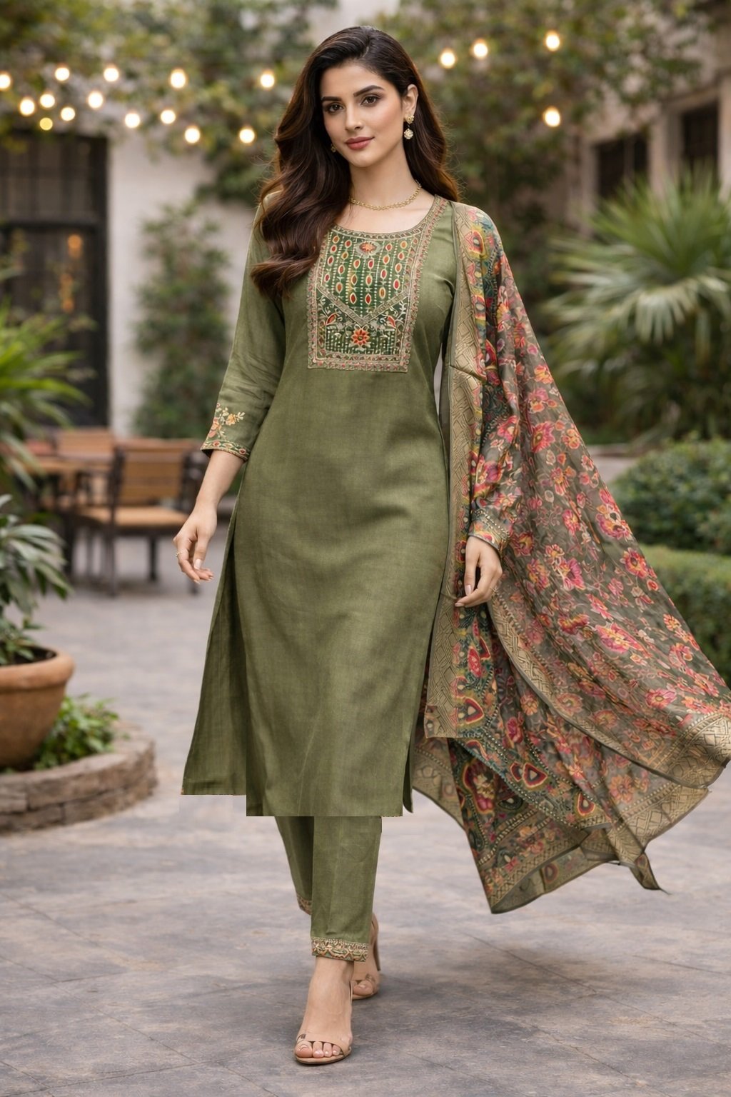 Olive Embroidery Multi Sequance Work Kurti
