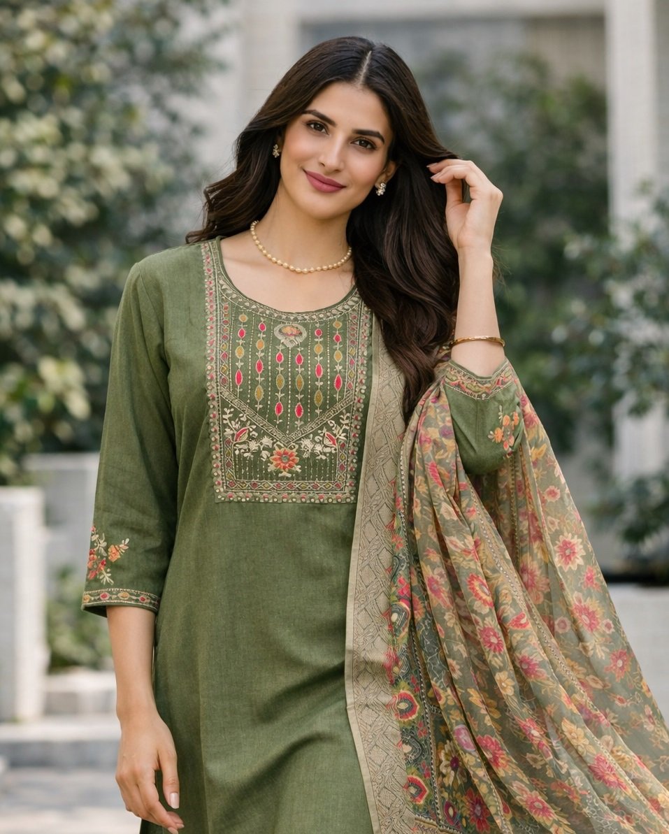 Olive Embroidery Multi Sequance Work Kurti