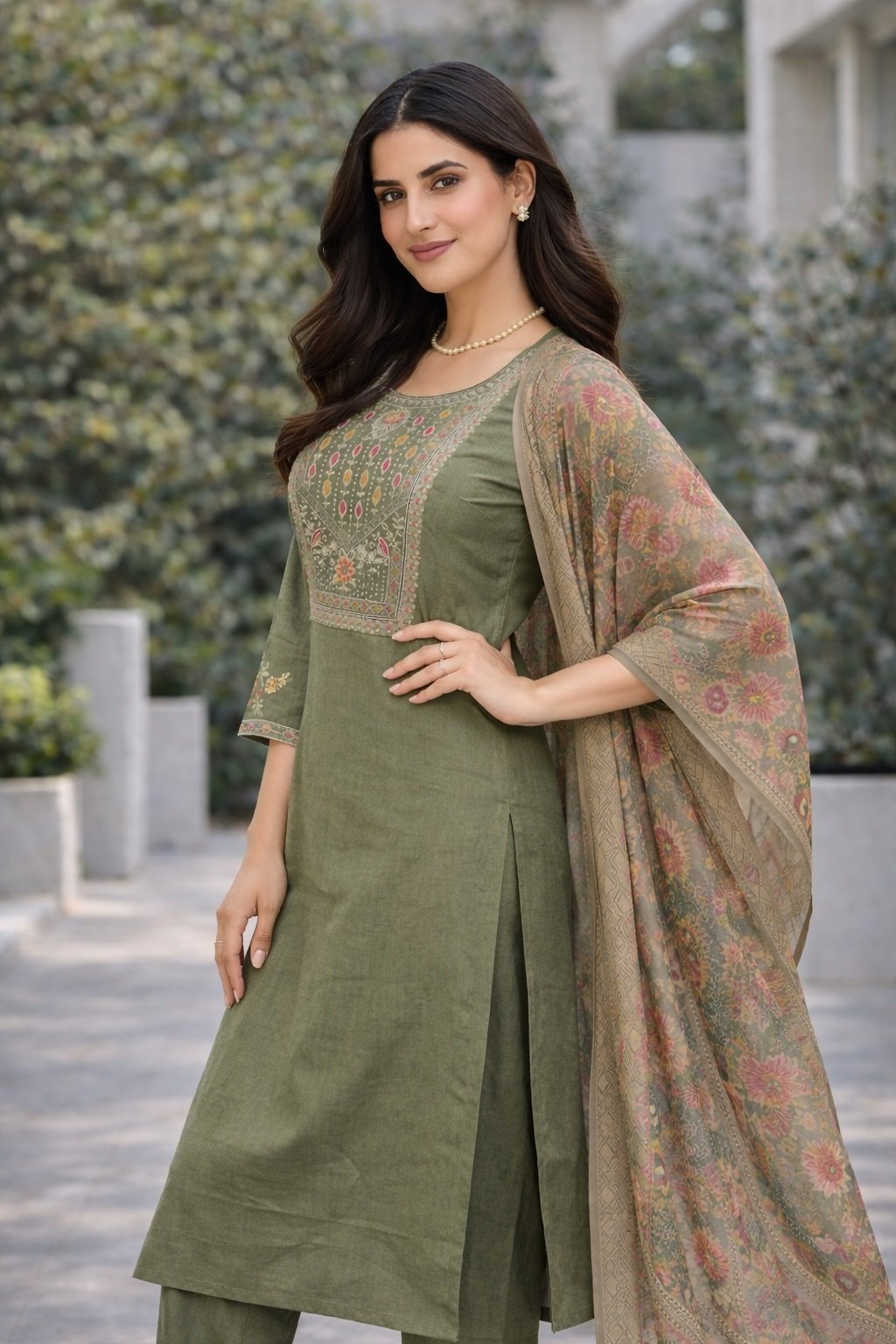 Olive Embroidery Multi Sequance Work Kurti