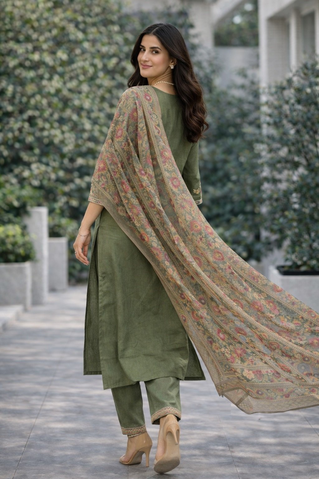 Olive Embroidery Multi Sequance Work Kurti