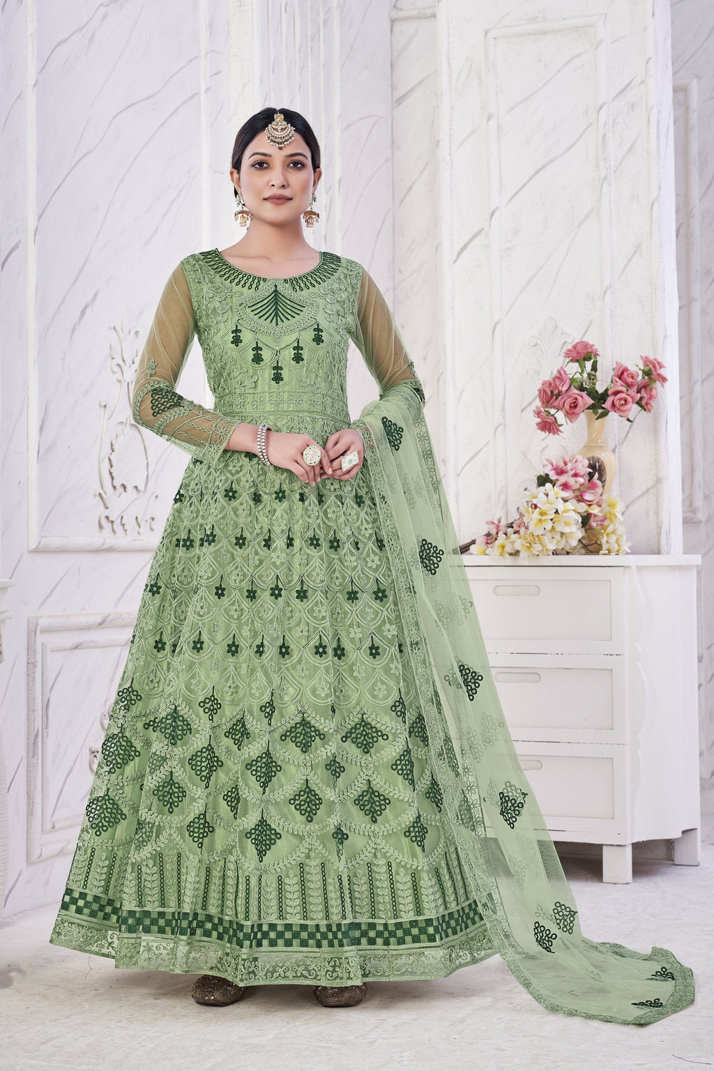 Green Net Anarkali Suit