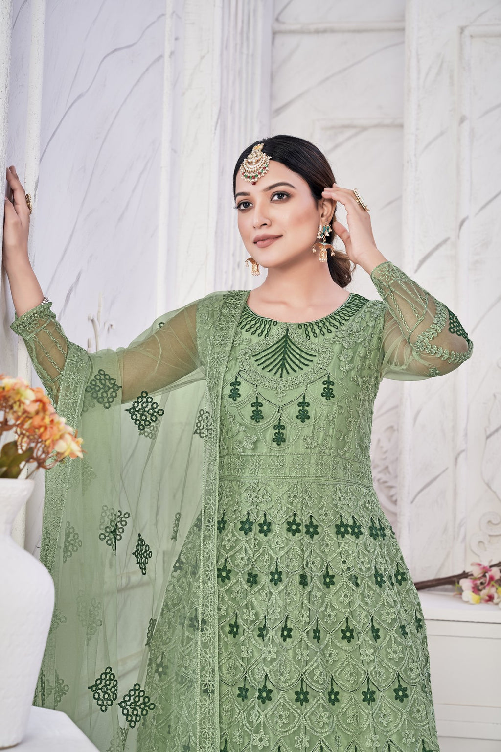 Green Net Anarkali Suit