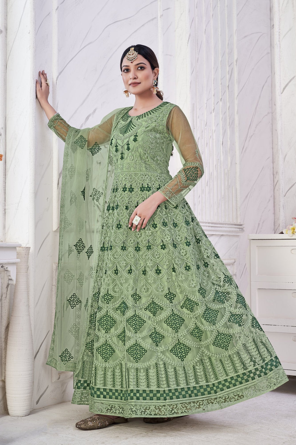 Green Net Anarkali Suit