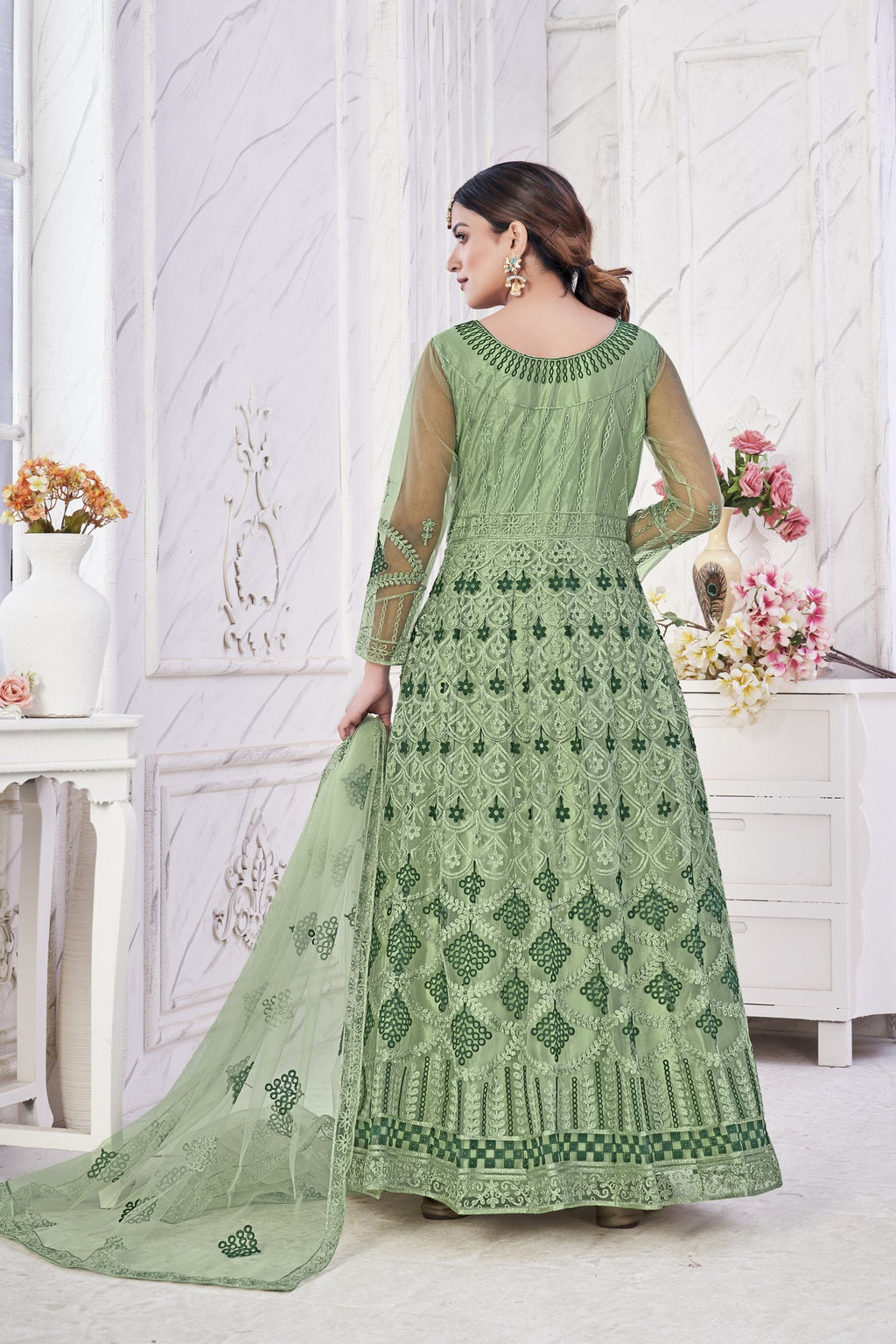 Green Net Anarkali Suit