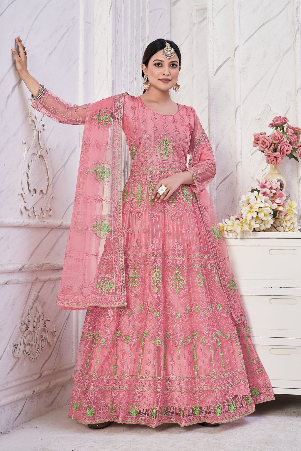Pink Net Anarkali Suit